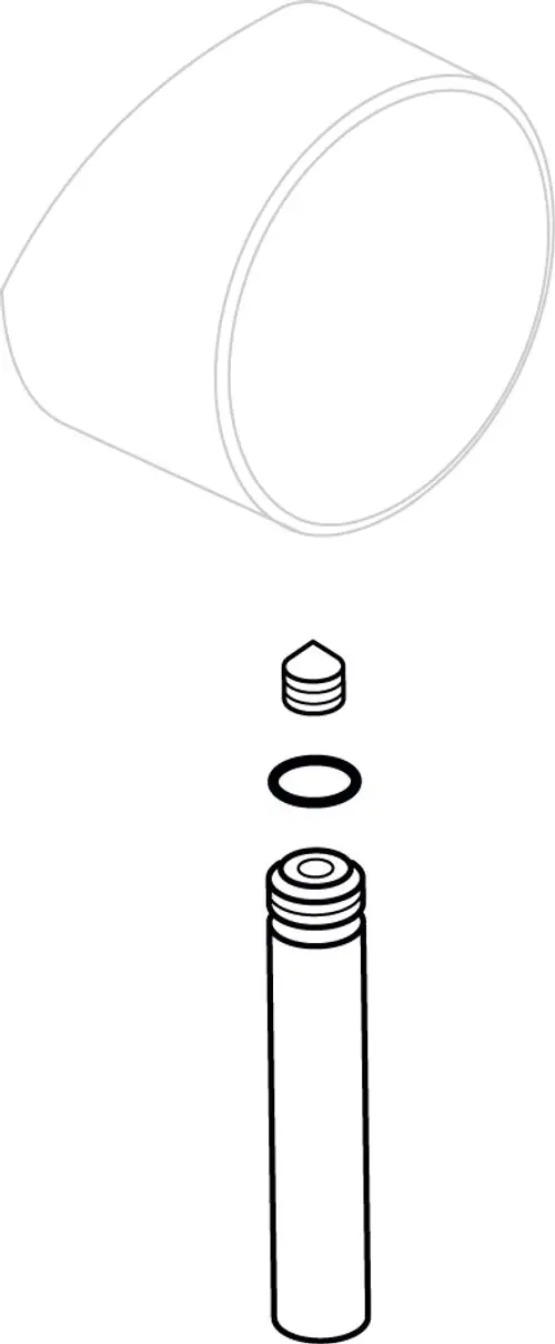 Schematik eines kleinen Griffs aus Chrom, bestehend aus verschiedenen Teilen: einem zylindrischen Körper, einer Dichtung und einem obersten Element. Ideal Standard Branding.